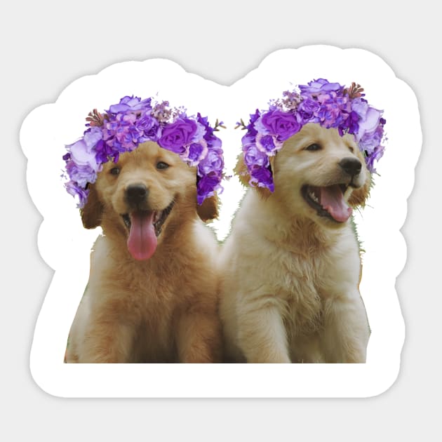 Cute golden retriever flower crowns Sticker by Sarahsartfulstudies